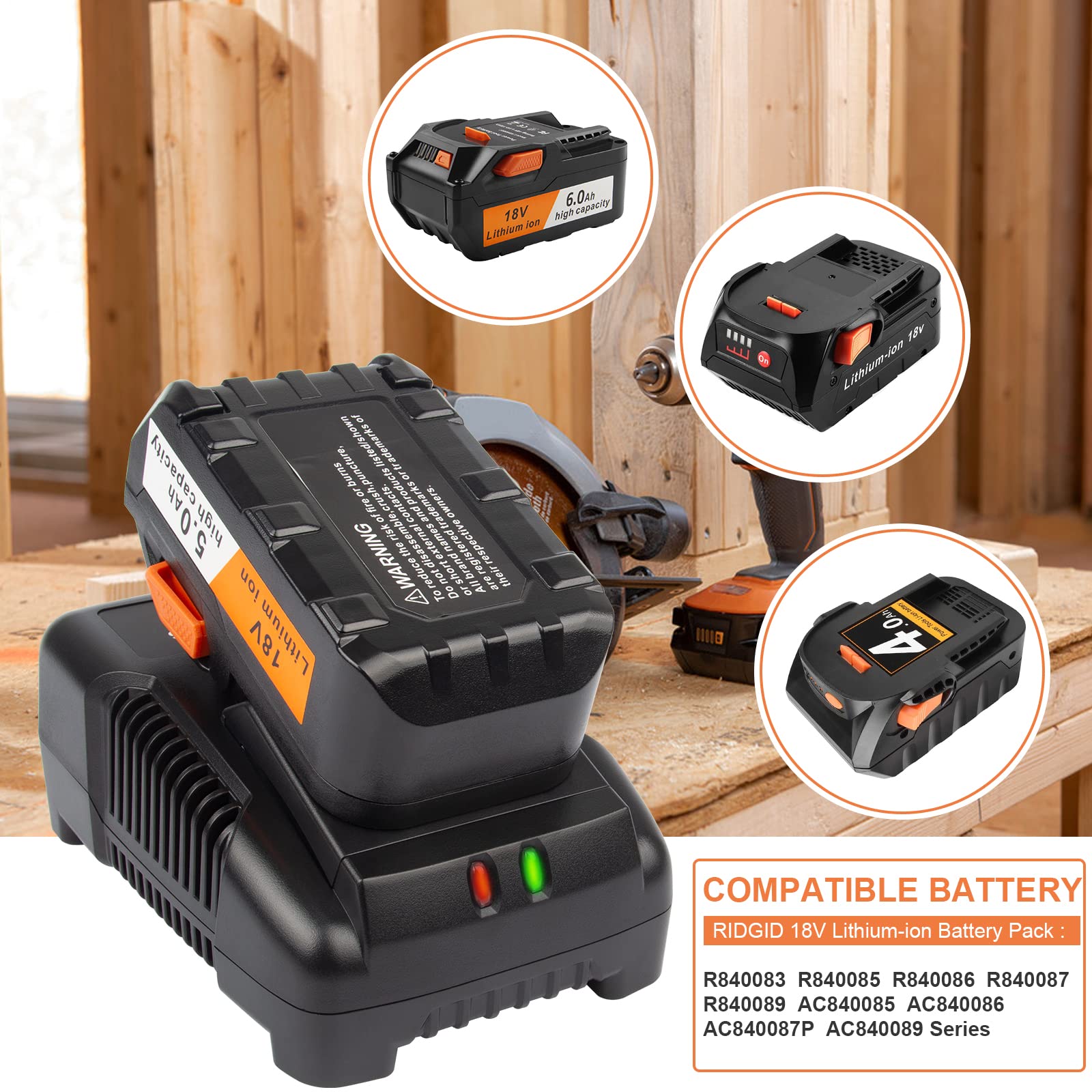 18V R86092 Fast Charger Lithium Battery Charger For Ridgid Tools 18V Battery R840083, R840085, R840086, R840087, Ac840085, Ac840